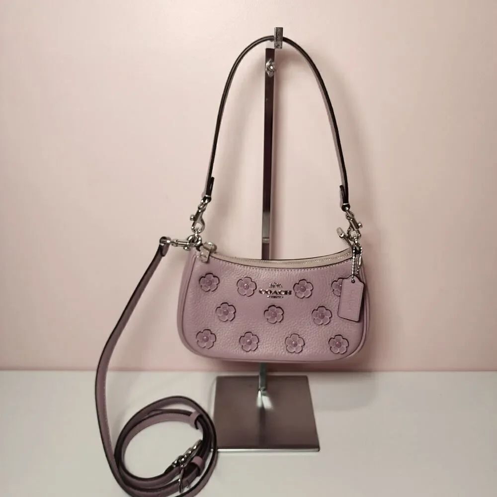 NWT Coach CAJ98 Teri Mini Crossbody Bag With Floral Applique Silver/Lilac